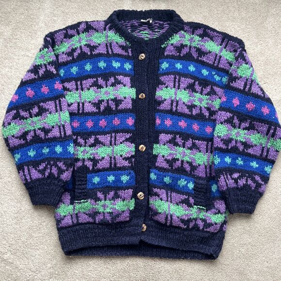 Rey Wear Cardigan Sweater Men XL Wool Ecuador Handknit Chunky Oversized Colorful - Picture 1 of 6